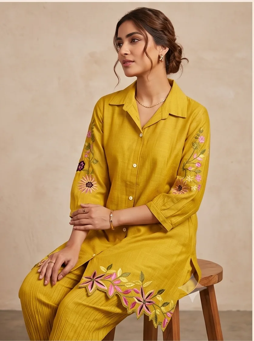 Model seated in a mustard yellow embroidered co-ord set