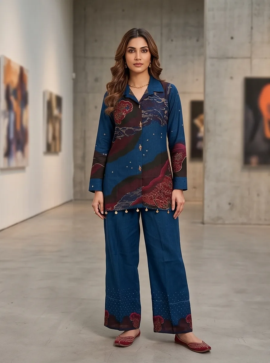 Model in a Kalamkari-printed western co-ord set