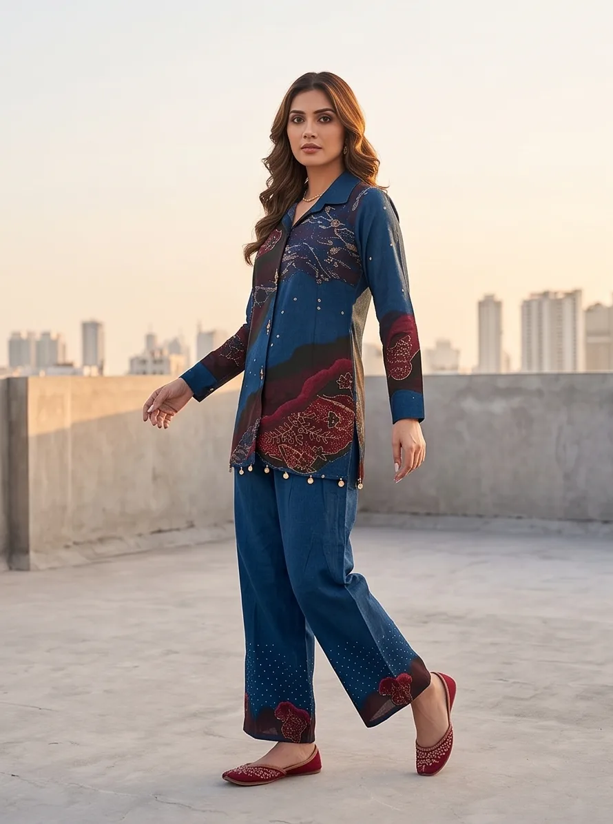 Model on a rooftop in a Kalamkari-printed western co-ord set