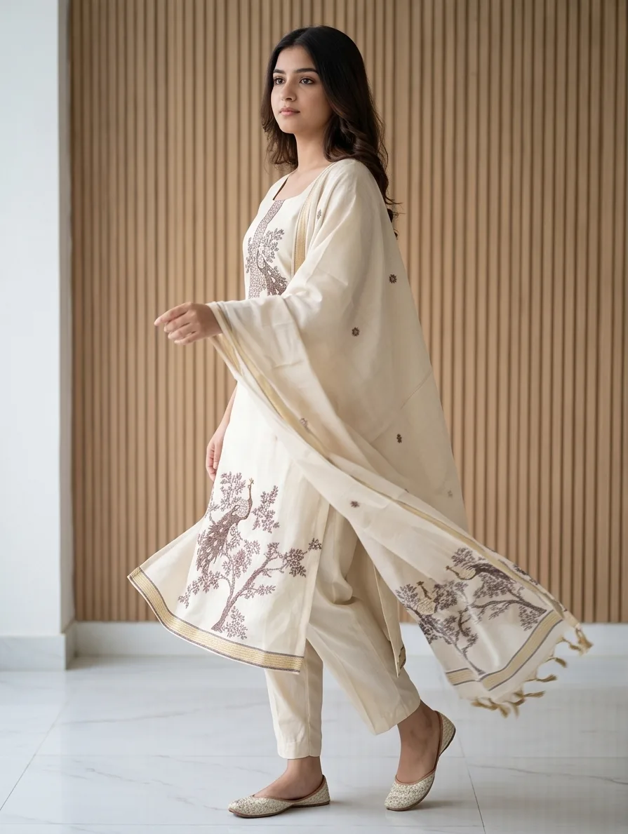 Model in an ivory embroidered kurta set, dupatta lifted