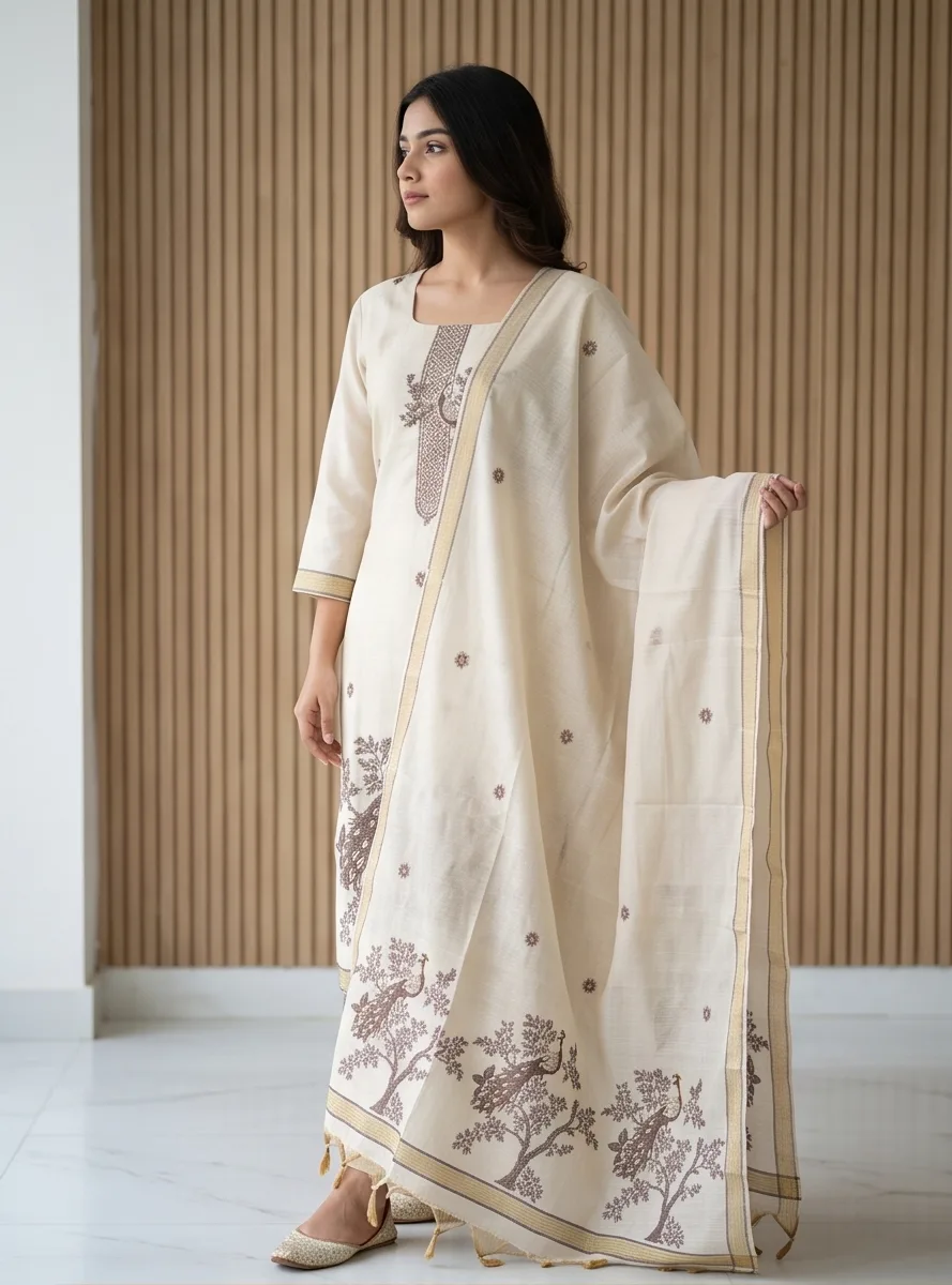Model in an ivory embroidered kurta, pant and dupatta set