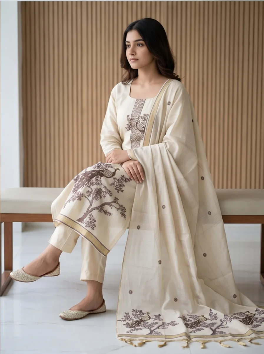 Model seated in an ivory embroidered kurta set