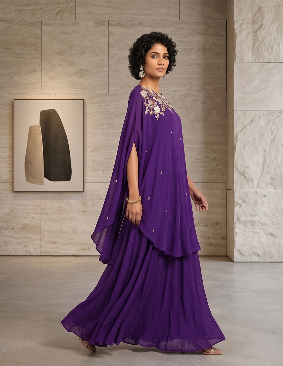 Lavender Floral Anarkali Suit Set with Organza Dupatta
