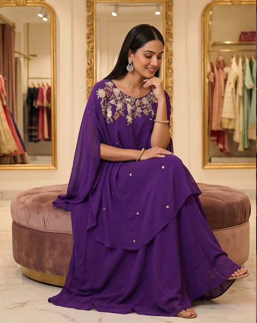 Lavender Floral Anarkali Suit Set with Organza Dupatta
