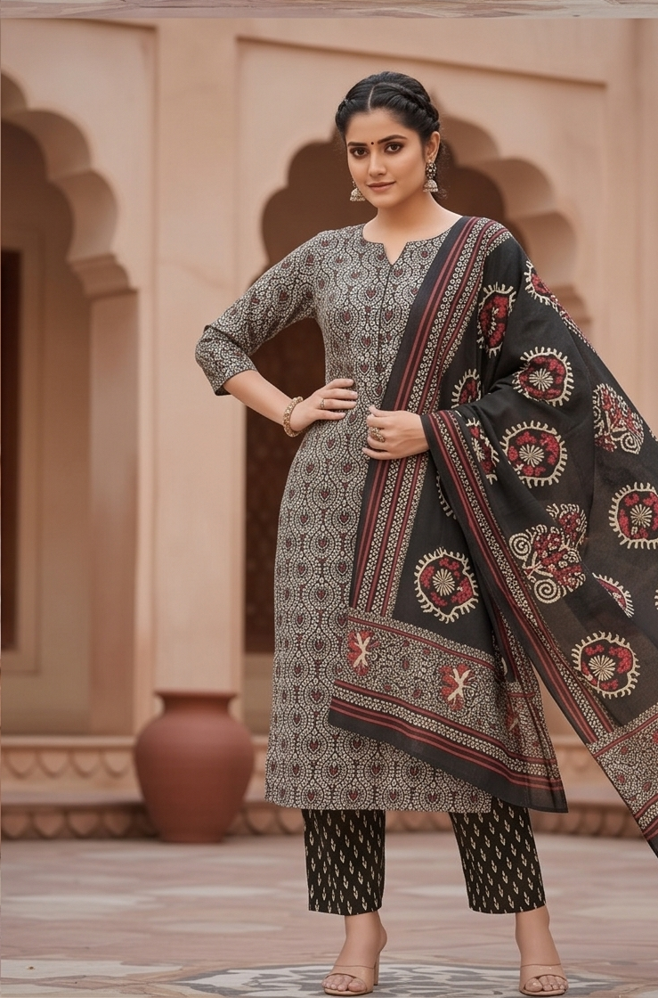 Black & Grey Ajrakh Print Cotton Suit Set with Dupatta
