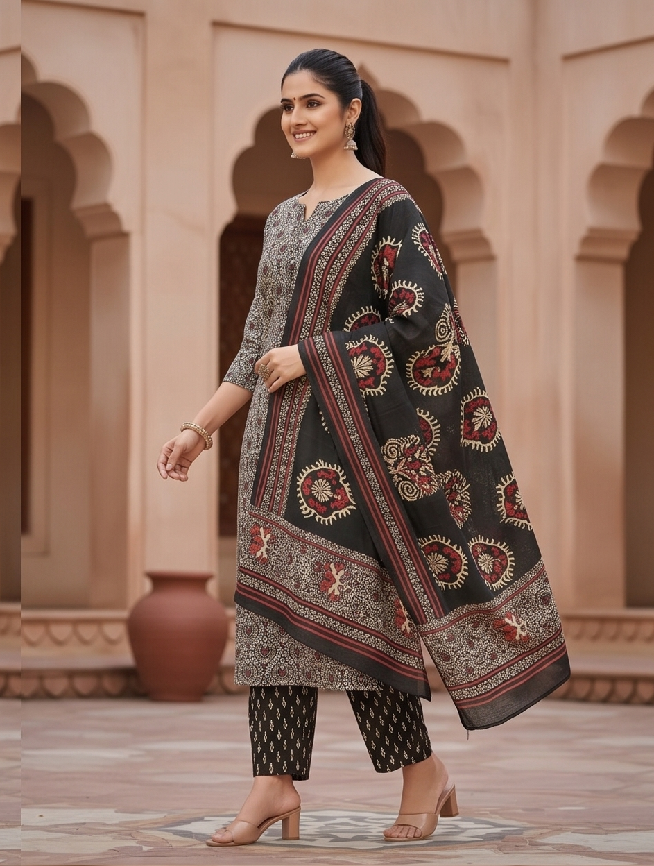 Black & Grey Ajrakh Print Cotton Suit Set with Dupatta