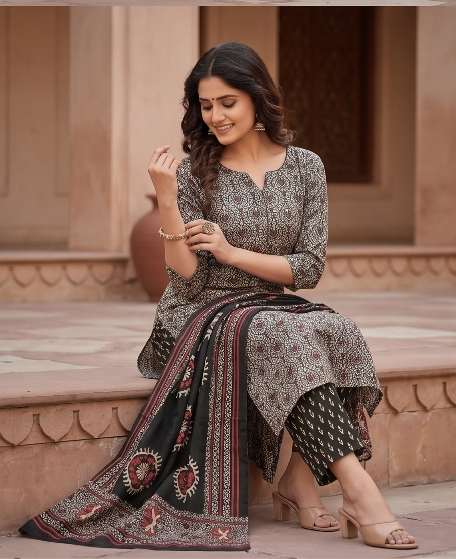 Black & Grey Ajrakh Print Cotton Suit Set with Dupatta