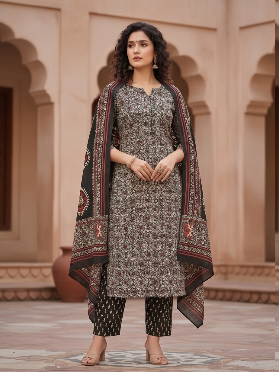 Black & Grey Ajrakh Print Cotton Suit Set with Dupatta