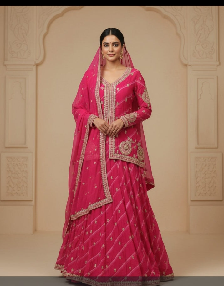 Rani Pink Leheriya Jacket-Style Lehenga
