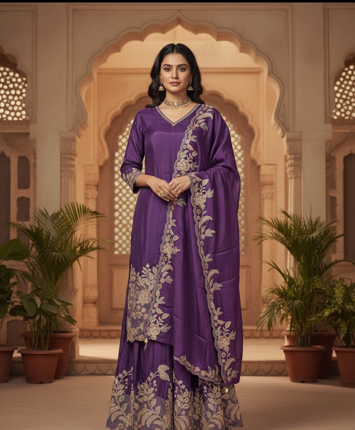 Royal Grape Scalloped Sharara Set