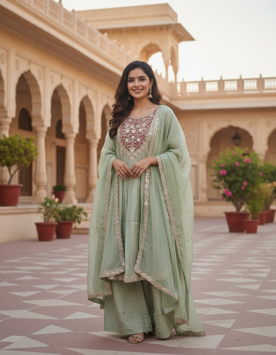 Sunset Amber Chiffon Anarkali Gown