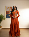 Burnt Orange Collared Embroidered Fusion Set