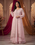Powder Pink Layered Gown with Silver Vine Embroidery