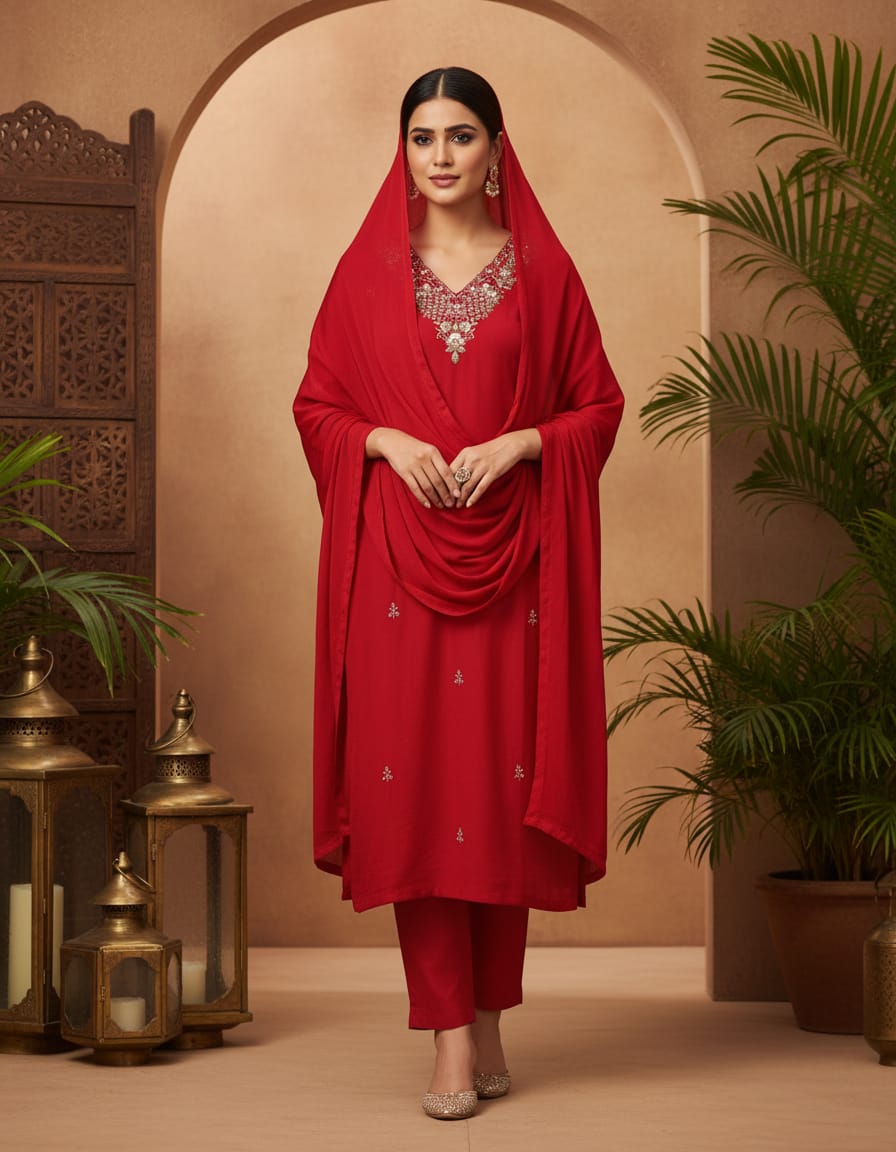 Deep Red Silk Blend Suit Set with Organza Dupatta
