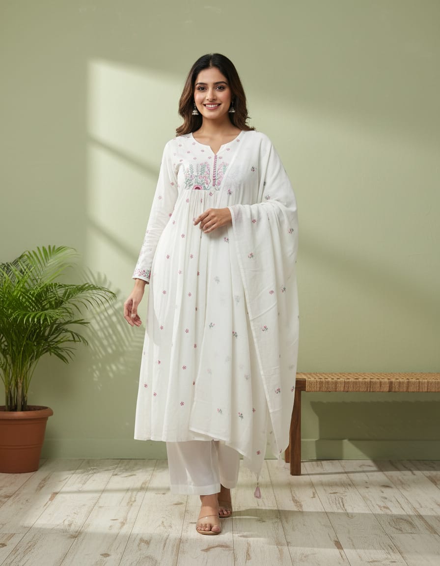 Pure White Floral Anarkali Set