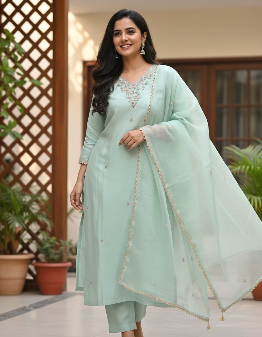 Seafoam Green Pastel Silk Suit Set