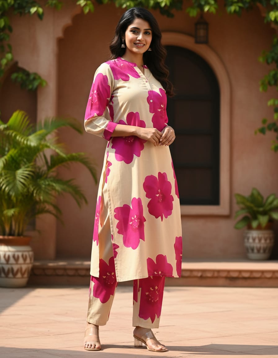 Cream & Magenta Floral Print Kurta Set