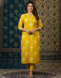 Mustard Yellow Floral Block Print Kurta Set