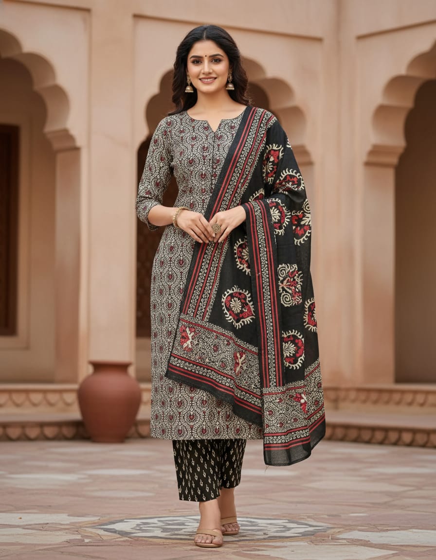 Black & Grey Ajrakh Print Cotton Suit Set with Dupatta