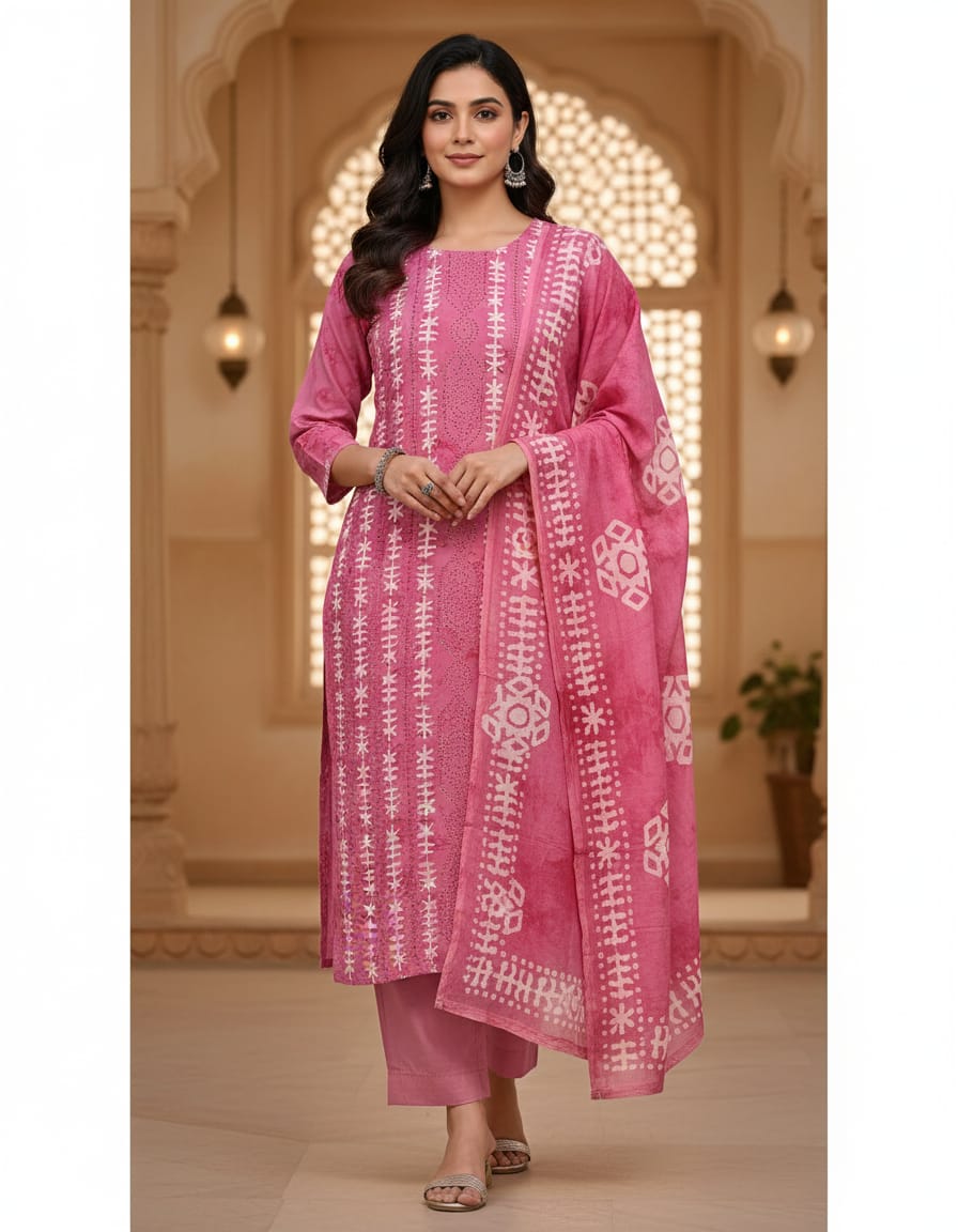 Pink Cold-Shoulder Leheriya Print Kurta Set with Dupatta