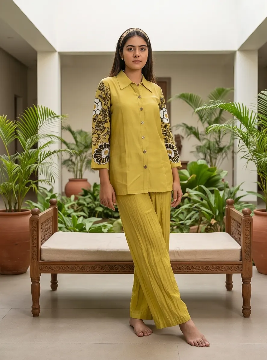 Lime Green Raw Silk Embroidered Short Kurta and Flared Palazzo 2-Piece Co-Ord Set