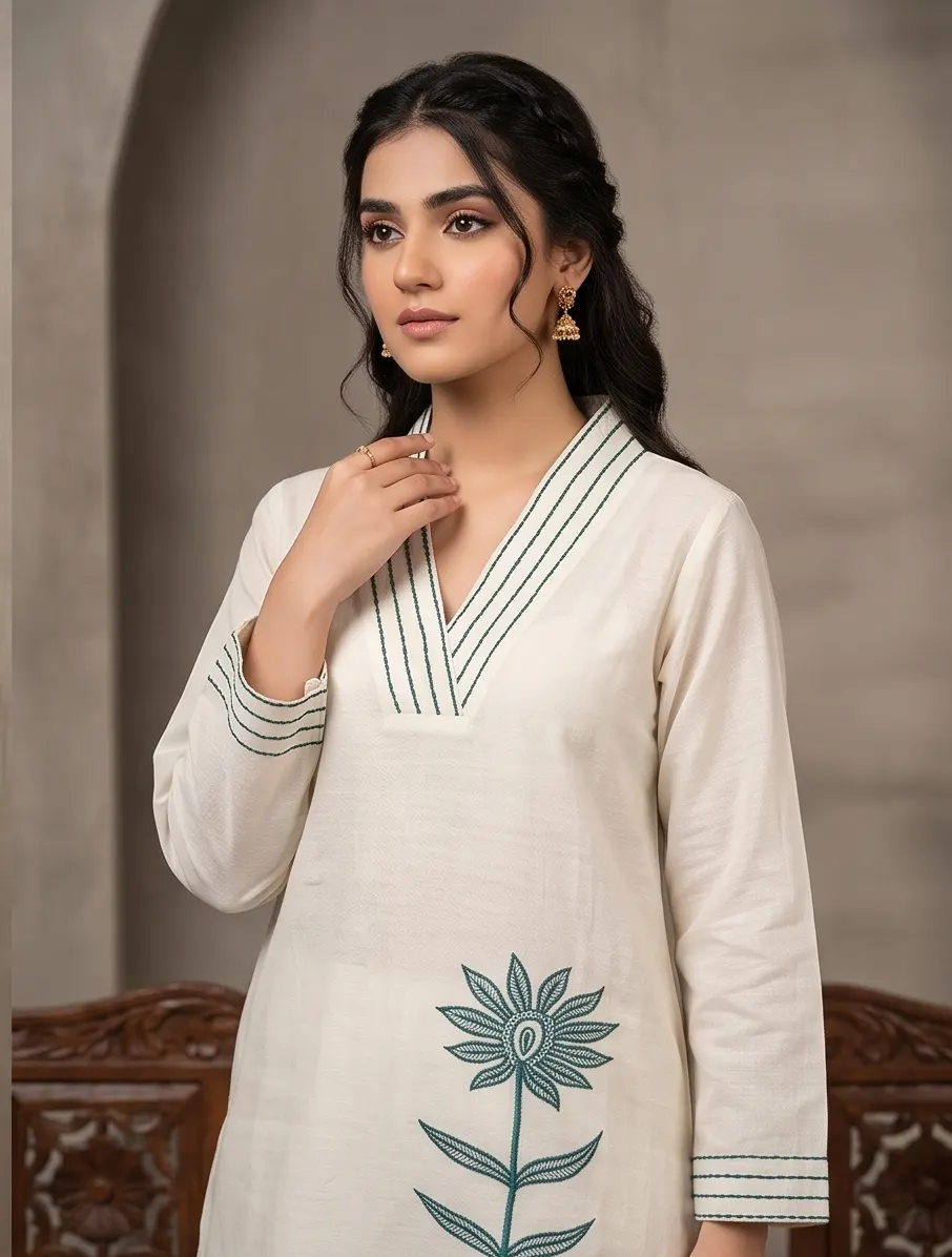 Off-White Hand-Embroidered Floral Chanderi Kurta Set