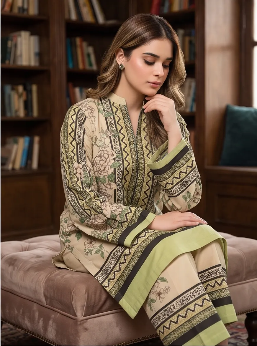 Beige & Olive Floral Printed Lawn 2-Piece Kurta Pant Set  Botanical Print Cotton Co-ord Set – Straight Kurti with Trouse