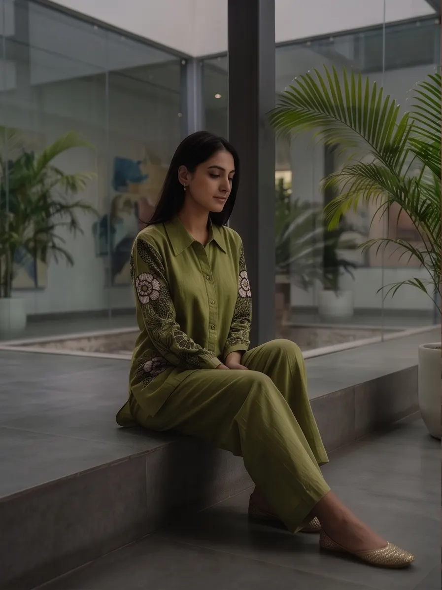 Olive Green Cotton-Linen Shirt Collar Tunic and Wide-Leg Pant Co-Ord Set with Embroidered Floral Sleeves