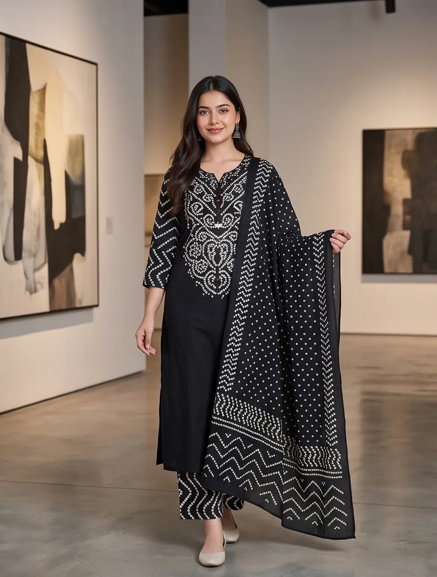 Black Bandhani Print Kurta Pant Set with Dupatta
