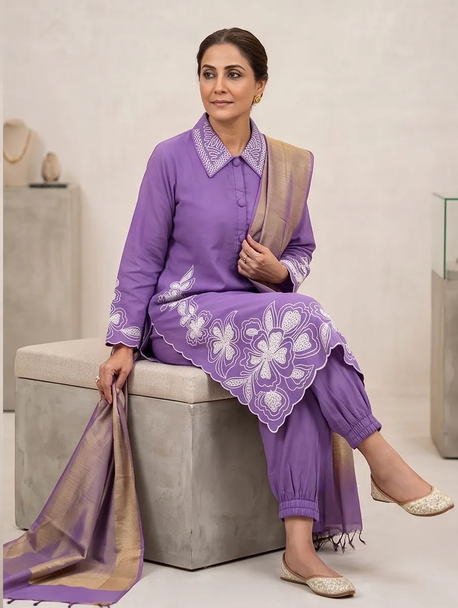 Violet Hand-Embroidered Cutwork Kurta Set