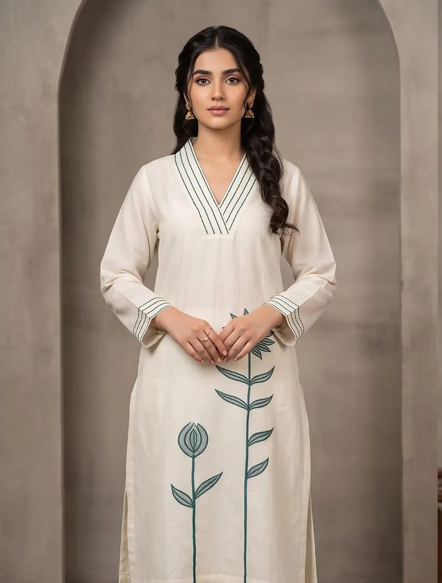 Off-White Hand-Embroidered Floral Chanderi Kurta Set