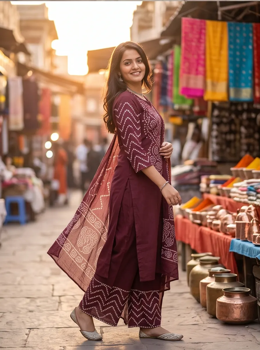 Bandhani Print Kurta Pant Set with Dupatta