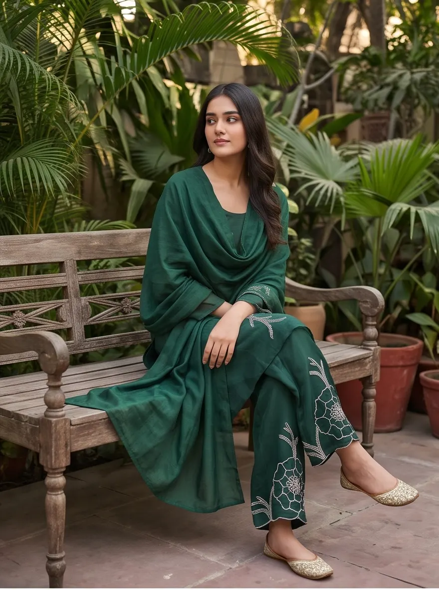 Emerald Green Embroidered Chanderi Kurta Set with Solid Dupatta