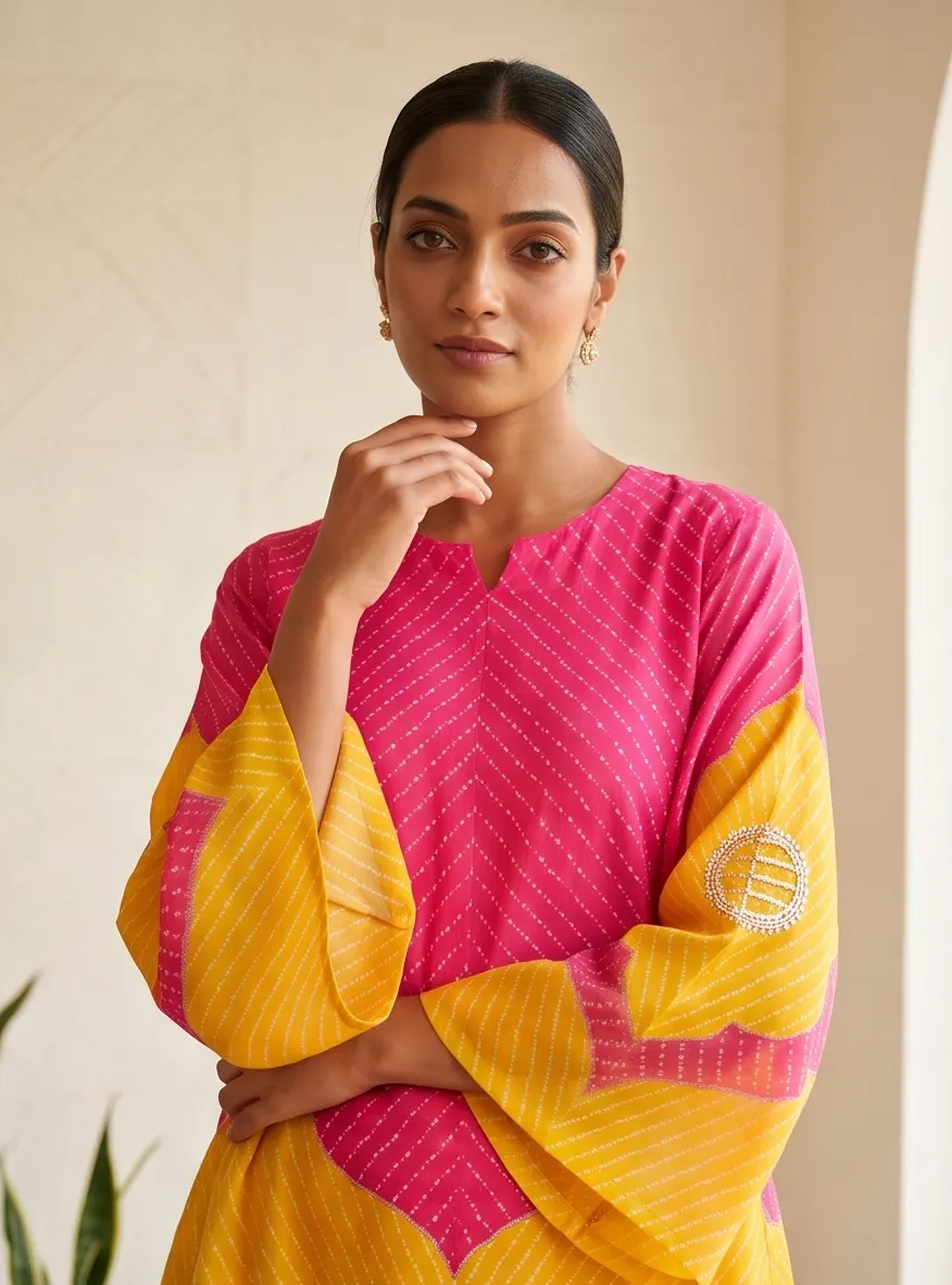 Pink & Yellow Scalloped Leheriya Kurta & Palazzo Co-Ord Set with Dupatta