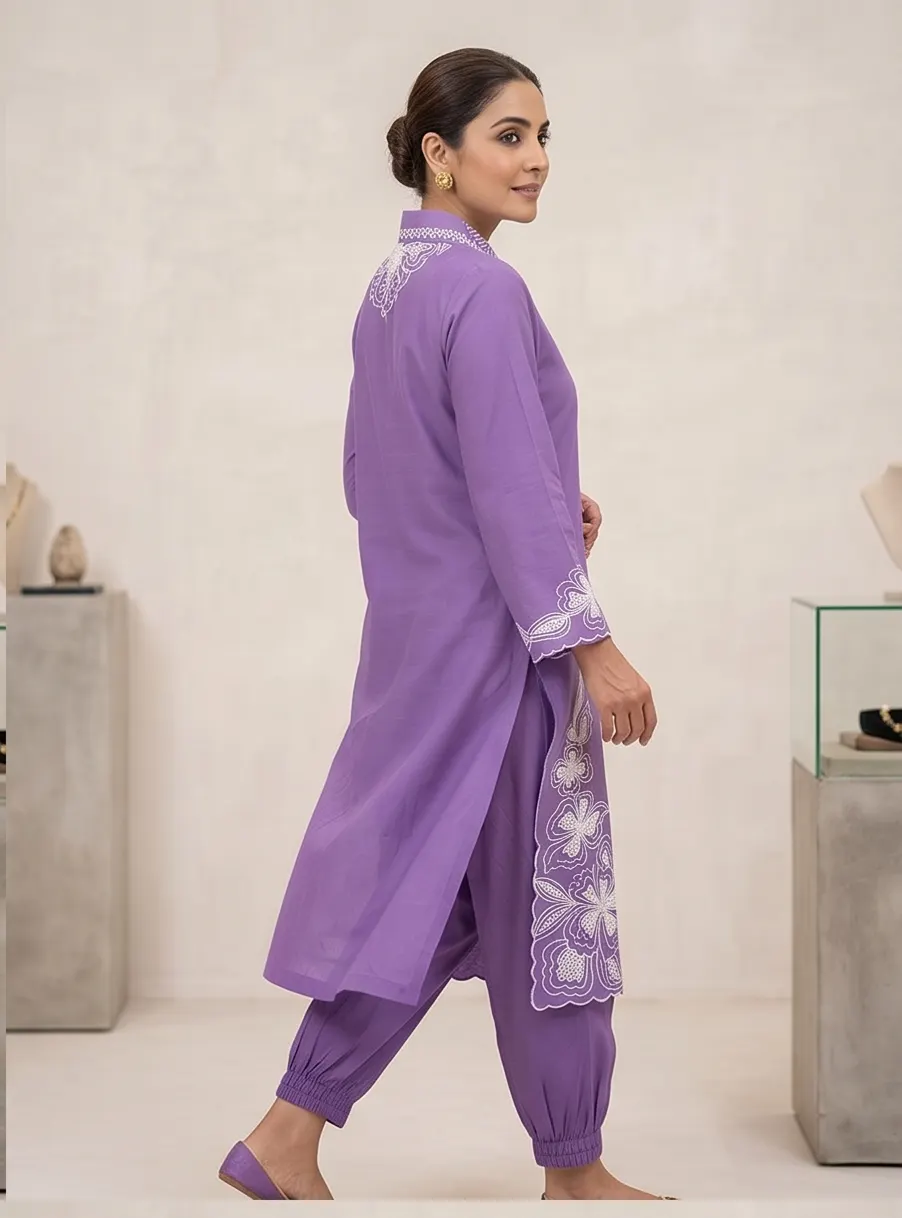 Violet Hand-Embroidered Cutwork Kurta Set