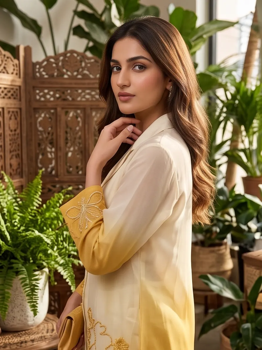 Ivory and Mustard Ombre Embroidered Co-ord Set