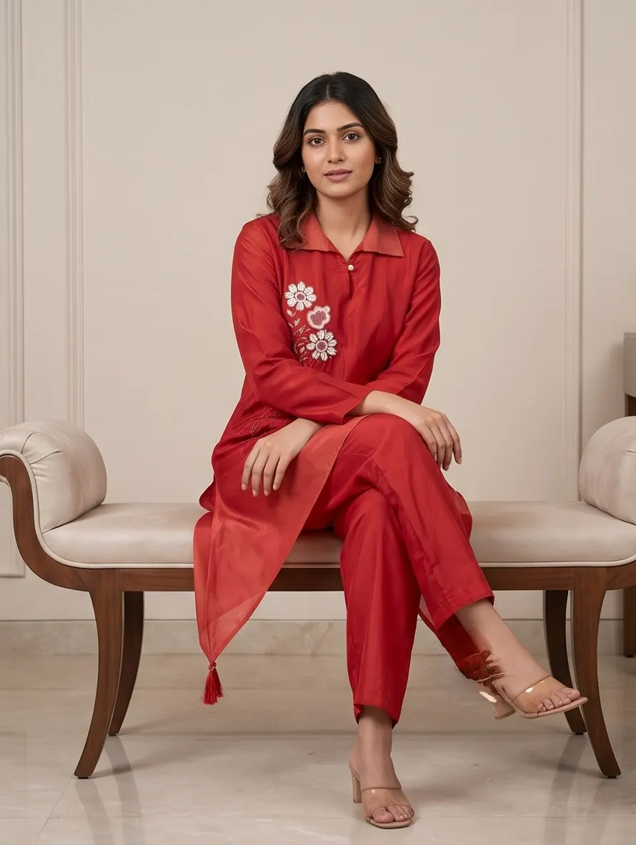 Crimson Red Embroidered Collar Kurti with Straight Pants (2-Piece Set)