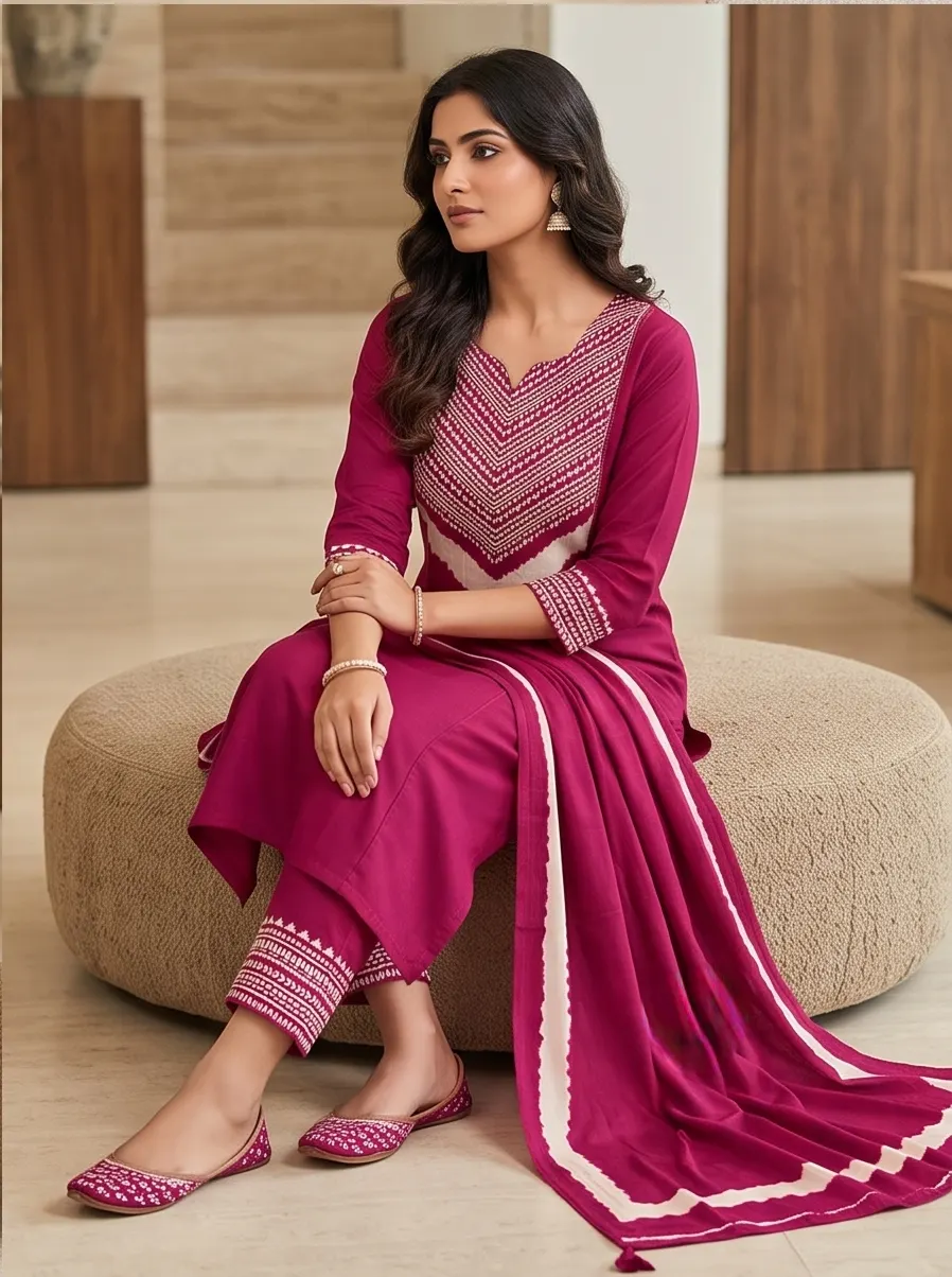 Deep Pink Hand-Embroidered & Shibori Silk Kurta Set