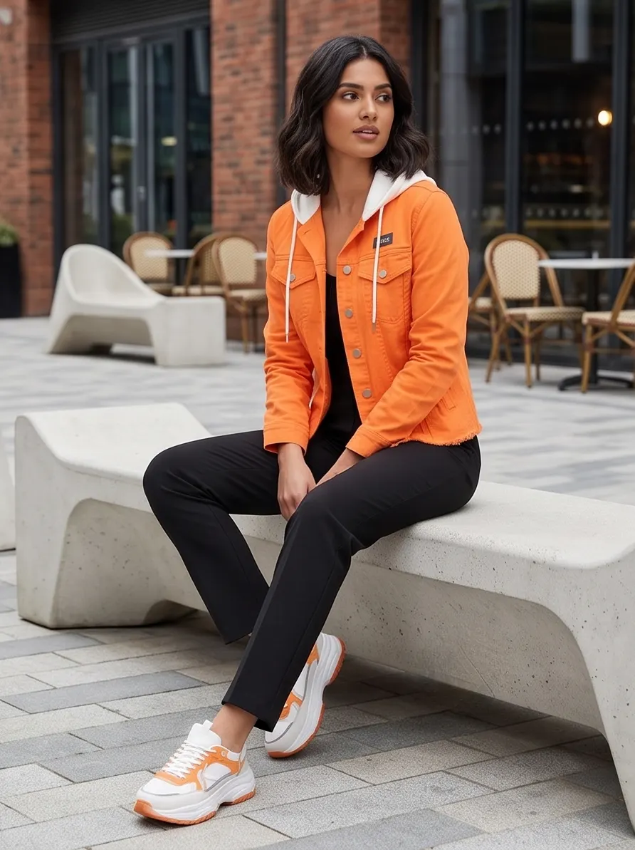 Women's Bright Orange Cotton Twill / Denim Trucker Jacket with Contrast White Hood