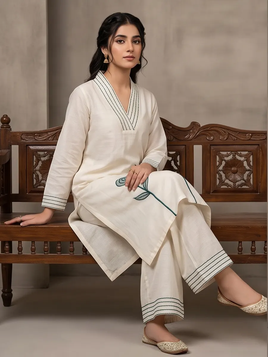 Off-White Hand-Embroidered Floral Chanderi Kurta Set