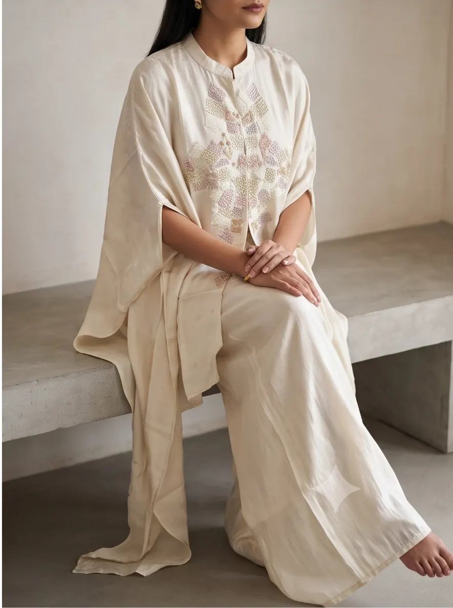 Ecru Silk Hand Embroidered Asymmetric Cape Set
