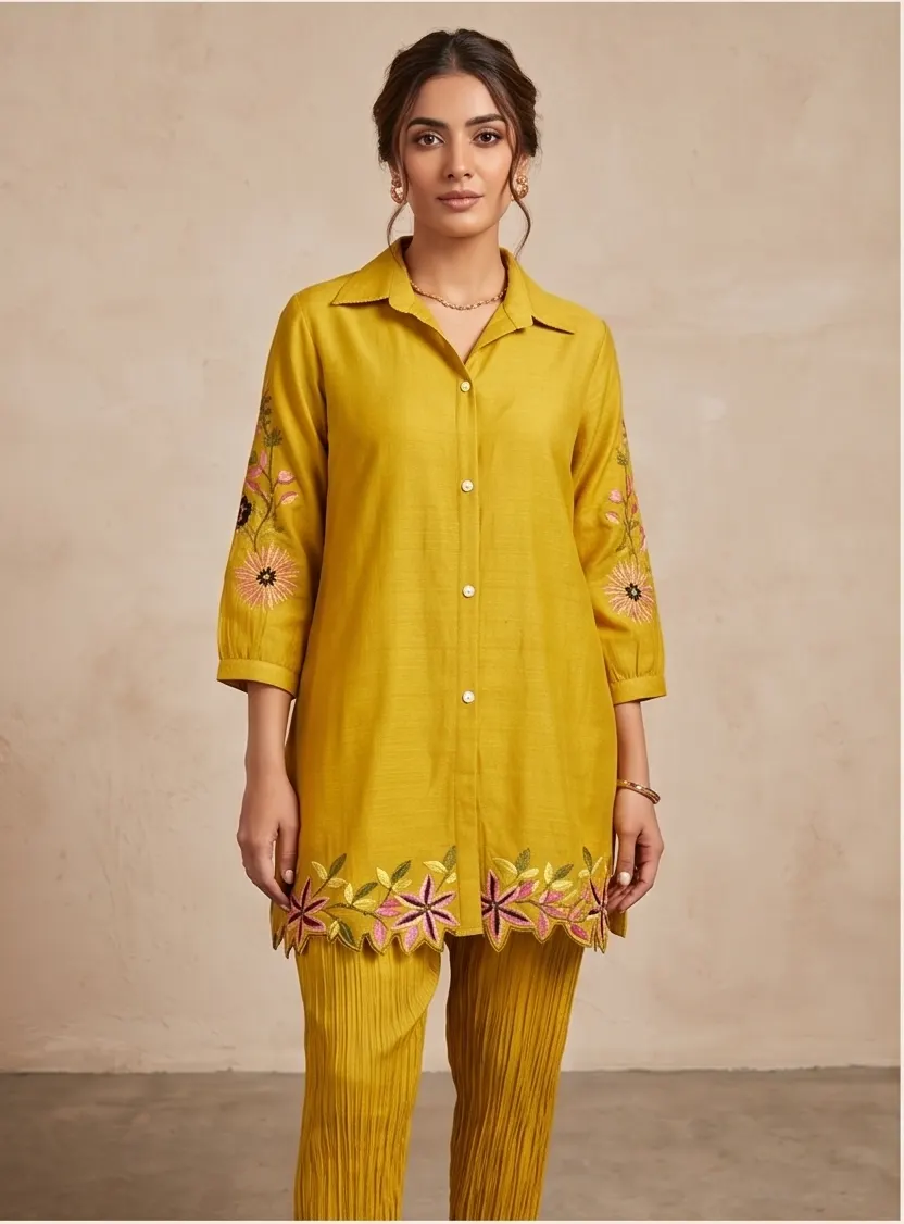 Mustard Yellow Floral Embroidered Shirt Collar Co-ord Set