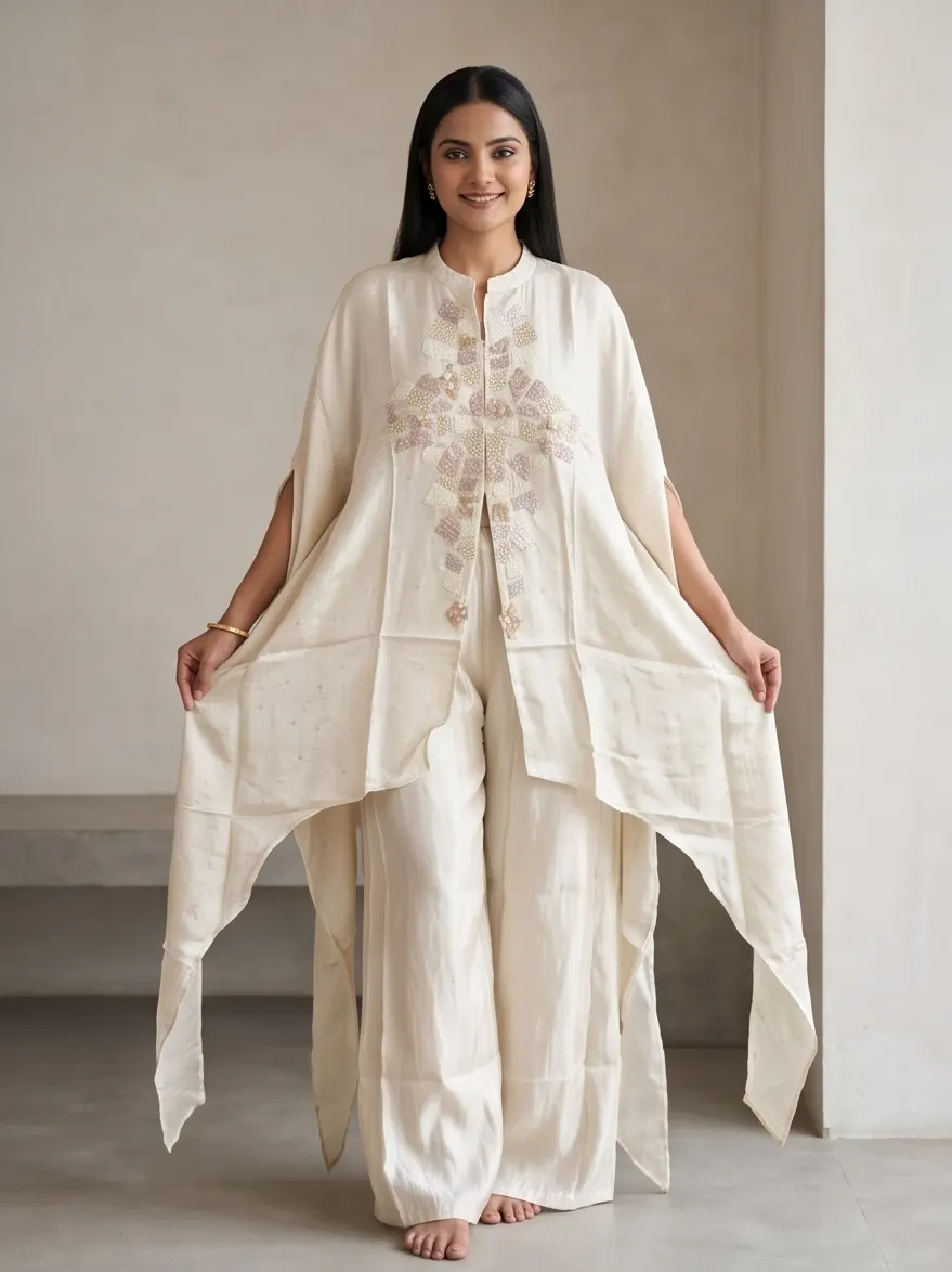Ecru Silk Hand Embroidered Asymmetric Cape Set