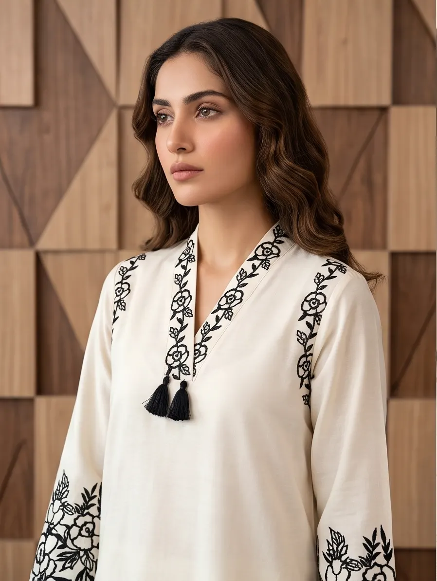 Off-White Crepe Silk Tunic & Trouser Co-ord Set with Black Floral Cutwork Embroidery (2-Piece Set)