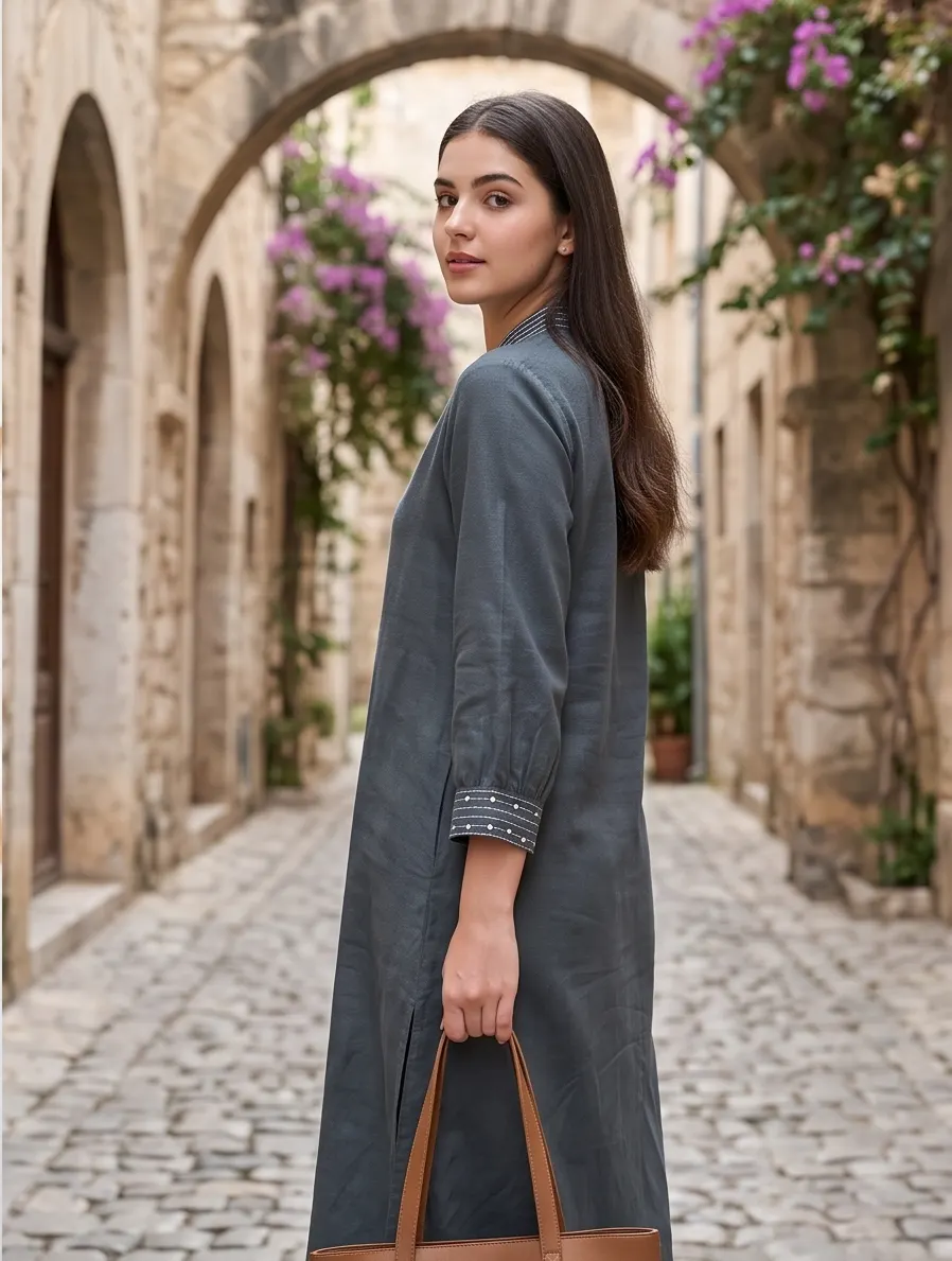 Slate Grey Embroidered V-Neck Linen Kurti