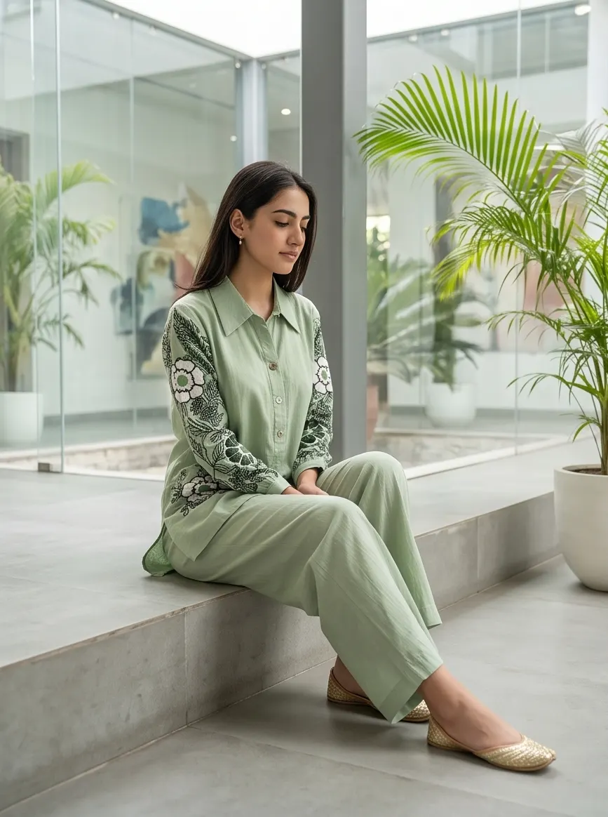 Sage Green Cotton-Linen Shirt Collar Tunic and Pant Co-Ord Set with Embroidered Sleeves