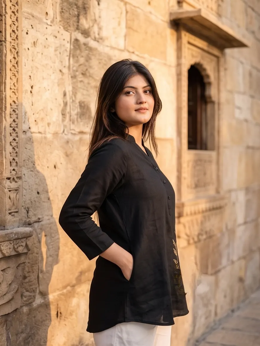 Black Embroidered A-Line Short Kurti