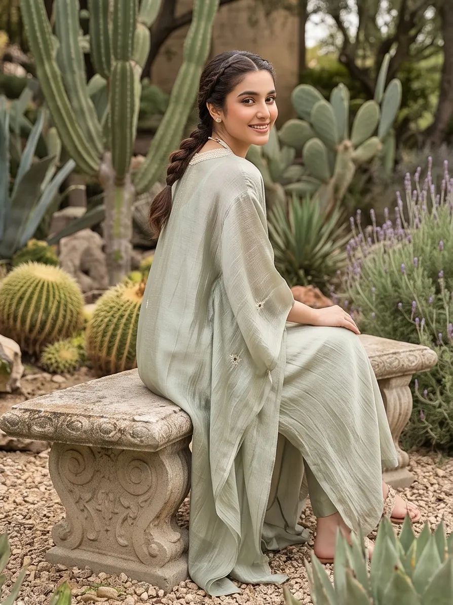 Sage Green Sheer Kaftan Set