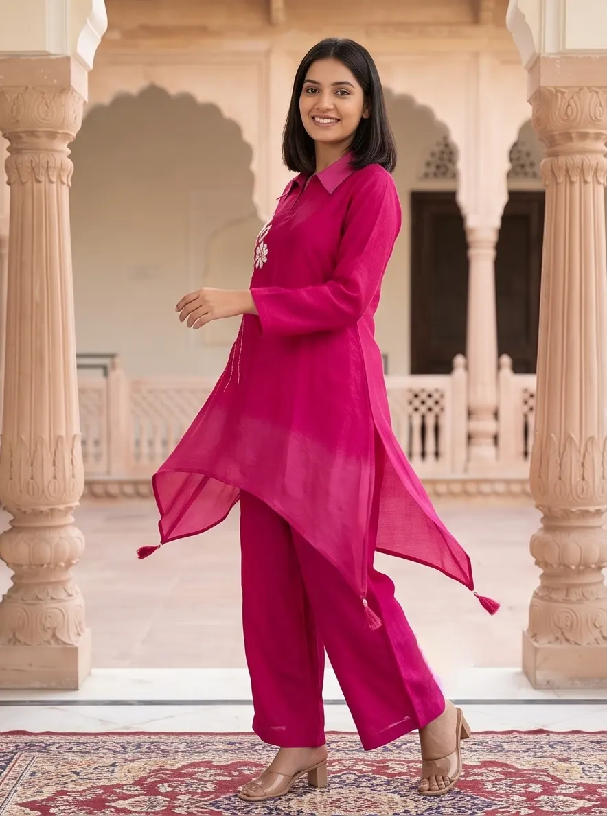 Magenta Embroidered Asymmetric Tunic & Palazzo Co-Ord Set