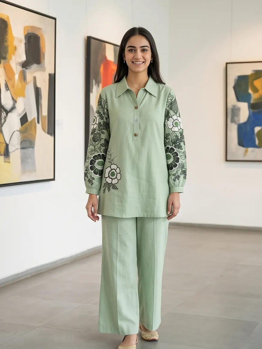 Sage Green Cotton-Linen Shirt Collar Tunic and Pant Co-Ord Set with Embroidered Sleeves
